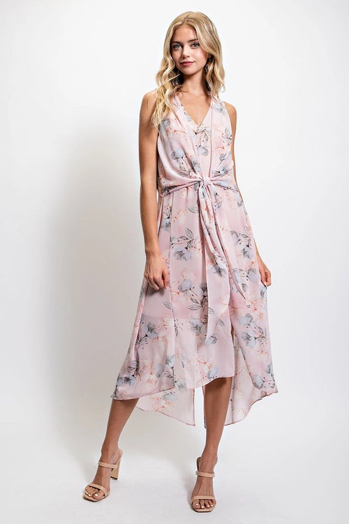 Draped Tie Front Dress - Pale Pink