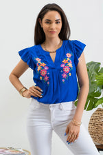 Floral Embroidered Blouse - Royal
