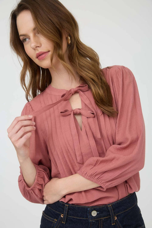 Pleated Front Tie Blouse - Terracotta