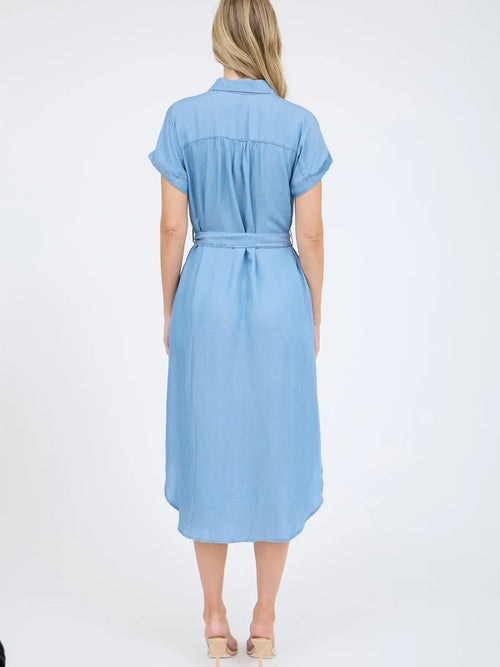 Chambray Belted Button Down Belted Midi Dress