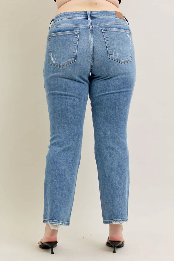 Mid Rise Vintage Wash Boot Cut w/ Destroy Hem