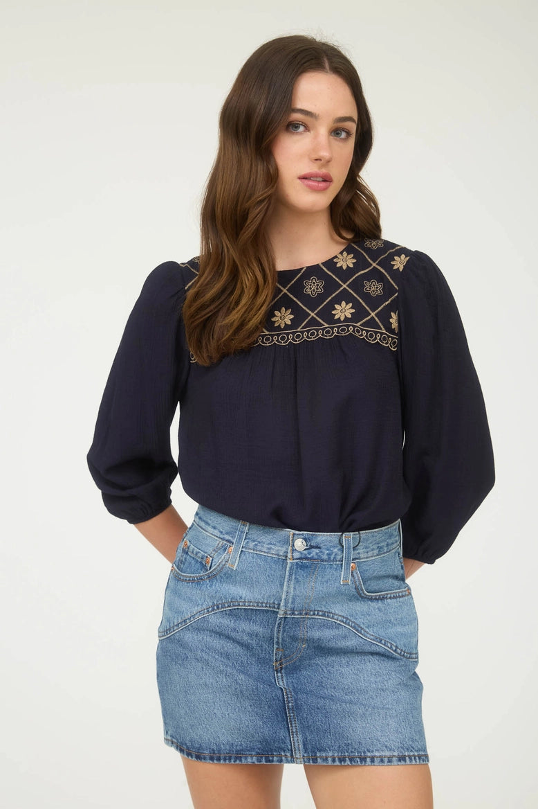 Embroidered Yoke Blouse Navy