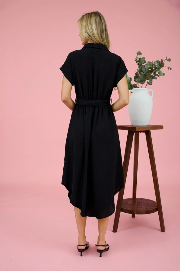 Collared Button Down Belted Midi Dress