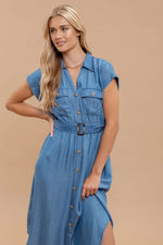 Chambray Collared Button Down Midi Dress