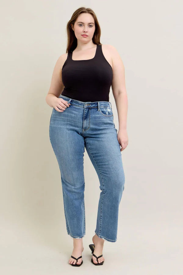 Mid Rise Vintage Wash Boot Cut w/ Destroy Hem