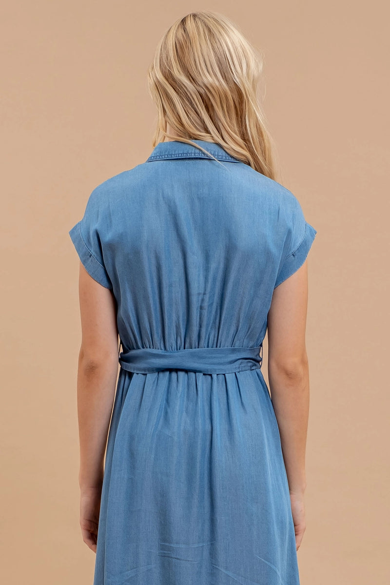 Chambray Collared Button Down Midi Dress