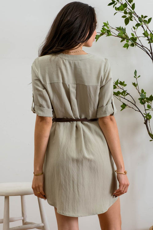 Split Neck Belted Mini Dress - Olive