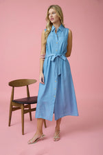 Collared Sleeveless Belted Chambray Midi Dress