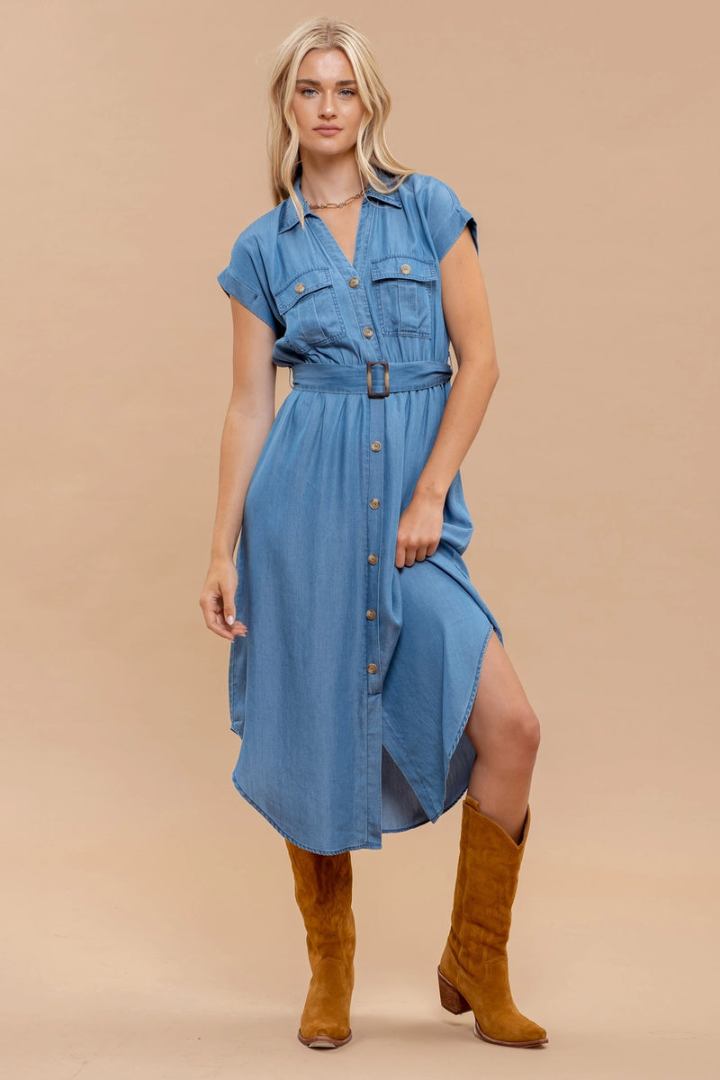 Chambray Collared Button Down Midi Dress
