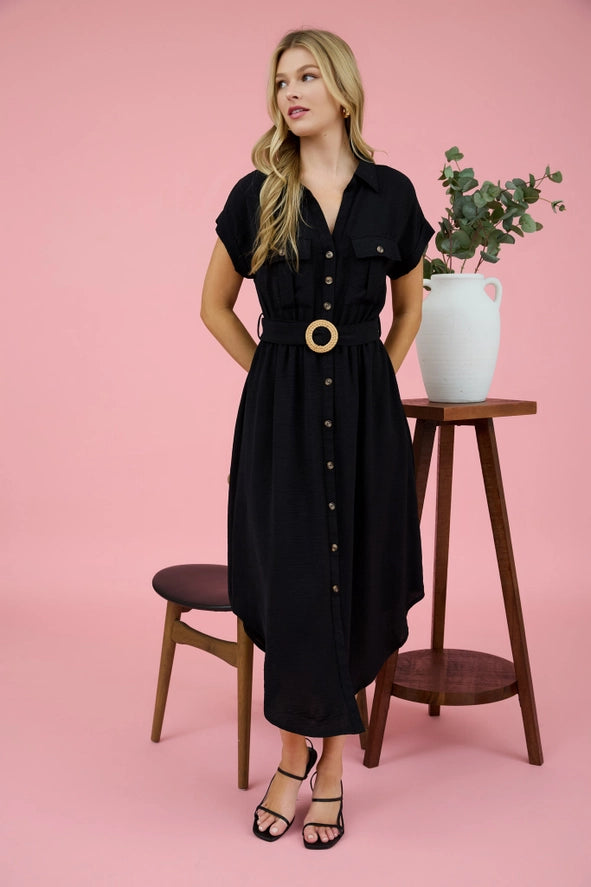 Collared Button Down Belted Midi Dress