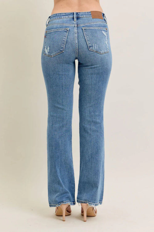 Mid Rise Vintage Wash Boot Cut w/ Destroy Hem