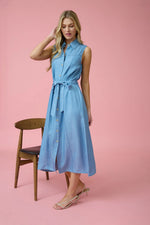 Collared Sleeveless Belted Chambray Midi Dress