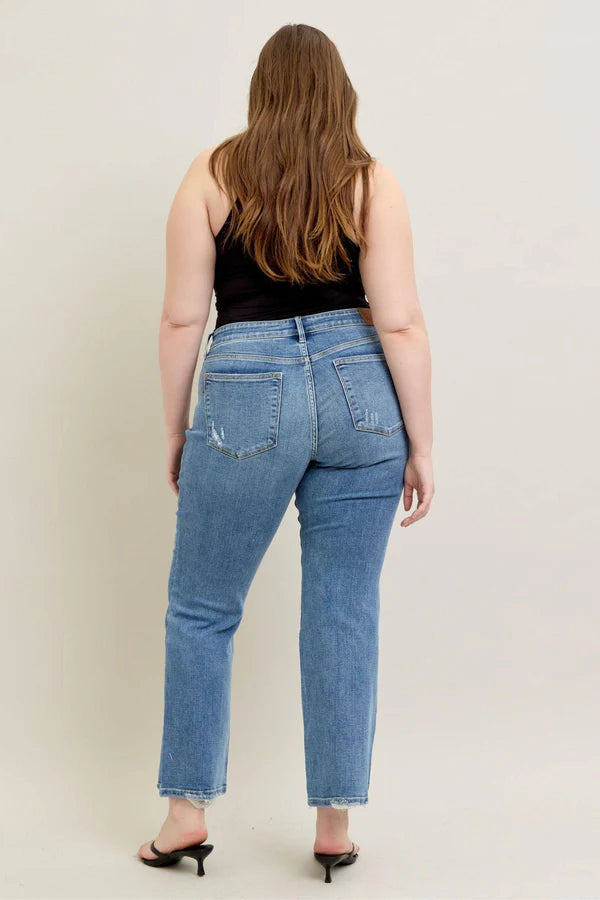 Mid Rise Vintage Wash Boot Cut w/ Destroy Hem