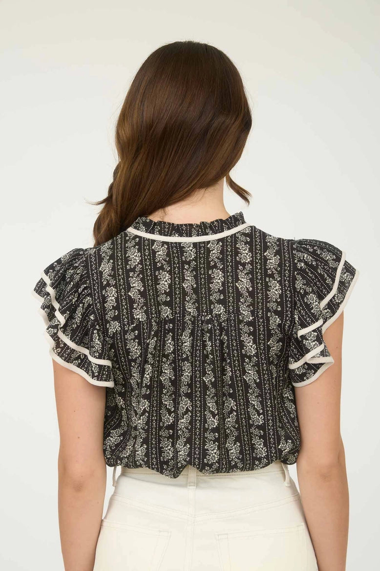 Floral Tie Front Ruffle Blouse