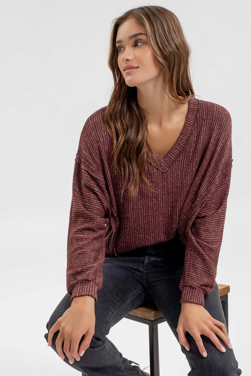 Striped V-Neck Knit  - Oxblood