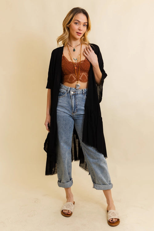 Ruffle Edge Bohemian Kimono - Black