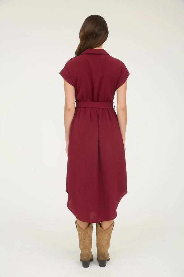 Collared Button Down Belted Midi Dress