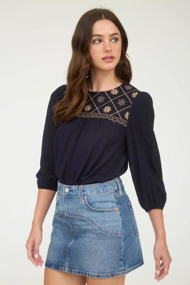 Embroidered Yoke Blouse Navy