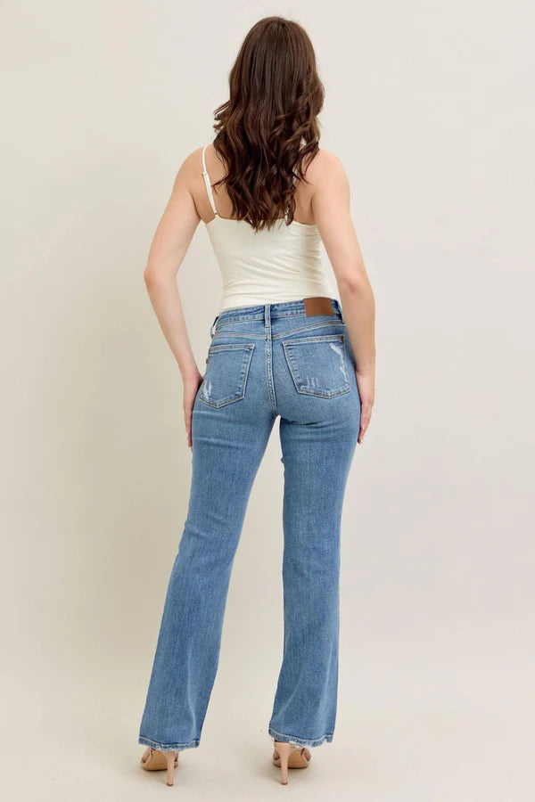Mid Rise Vintage Wash Boot Cut w/ Destroy Hem