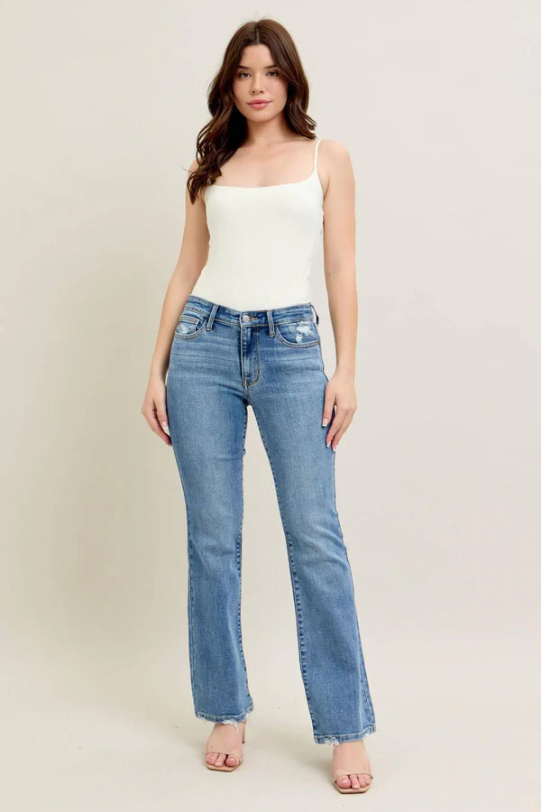 Mid Rise Vintage Wash Boot Cut w/ Destroy Hem
