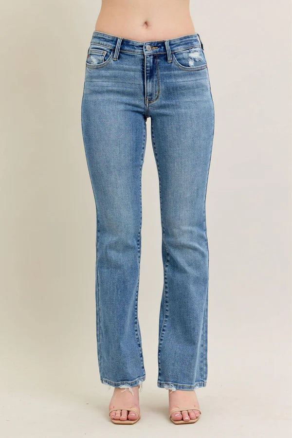 Mid Rise Vintage Wash Boot Cut w/ Destroy Hem