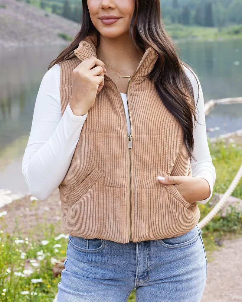 Corduroy Puffer Vest - Camel