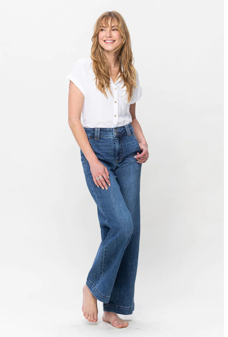 High Waist Double Button Wide Leg
