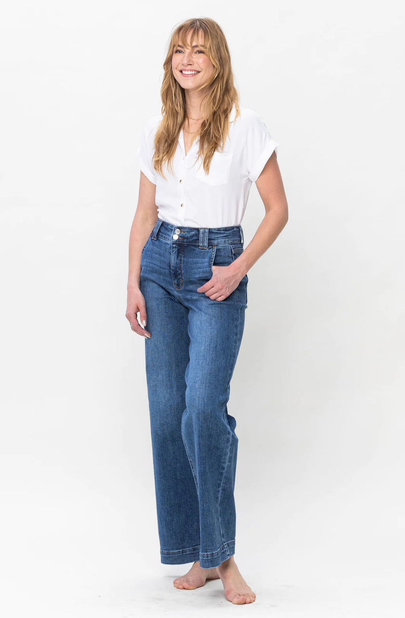 High Waist Double Button Wide Leg
