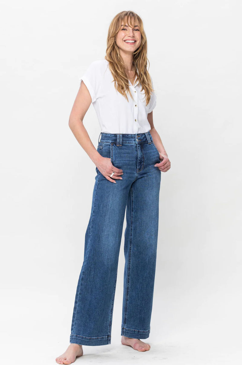 High Waist Double Button Wide Leg