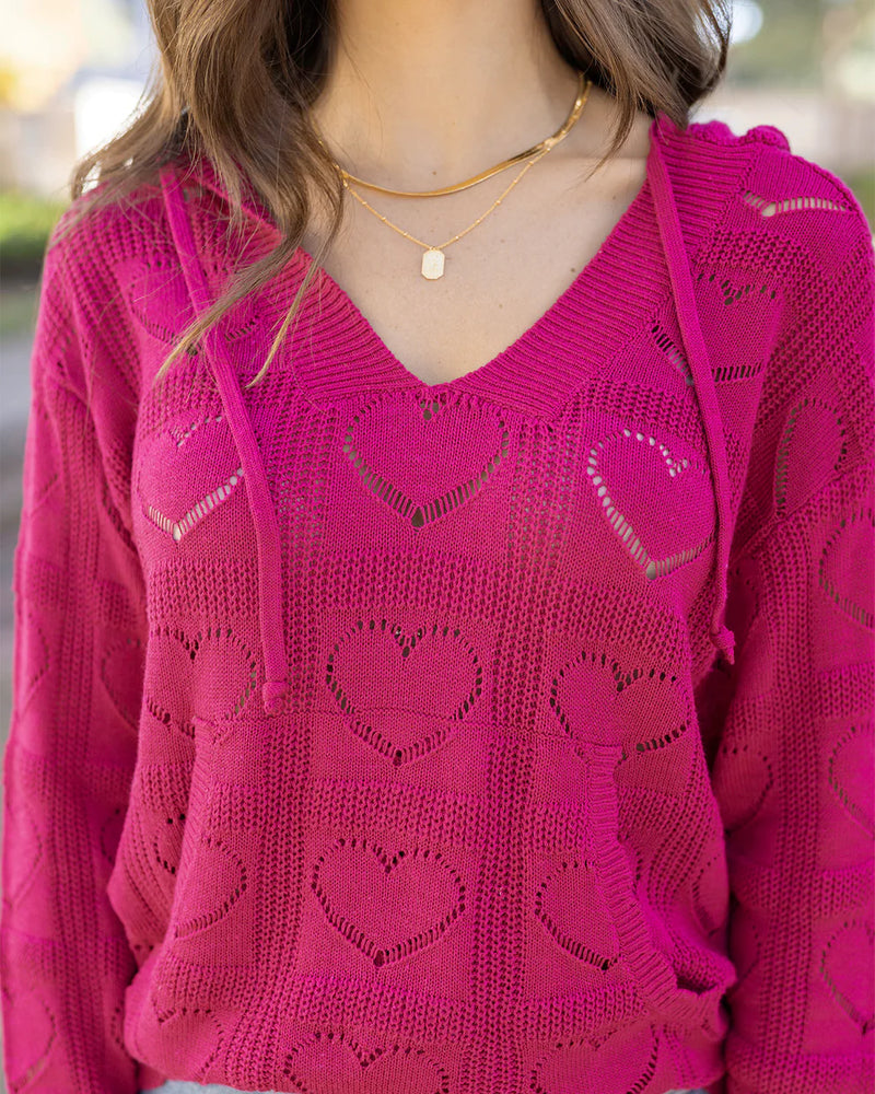 Hooded Heart Pointelle Knit Sweater - Valentine Pink