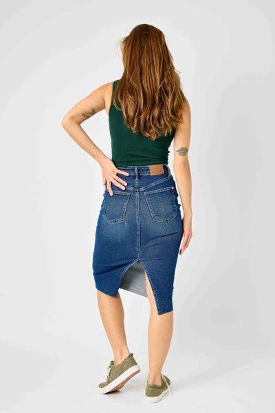 High Waist Back Slit Hem Mid Length Skirt