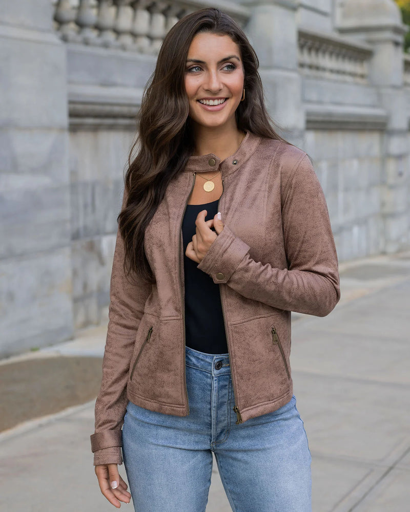 Leather Like Cafe Racer Jacket - Taupe