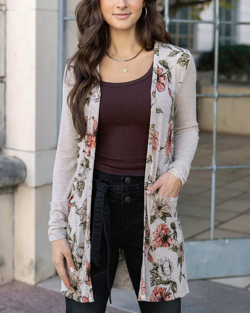 Lightweight Ribbed Cardigan - Floral