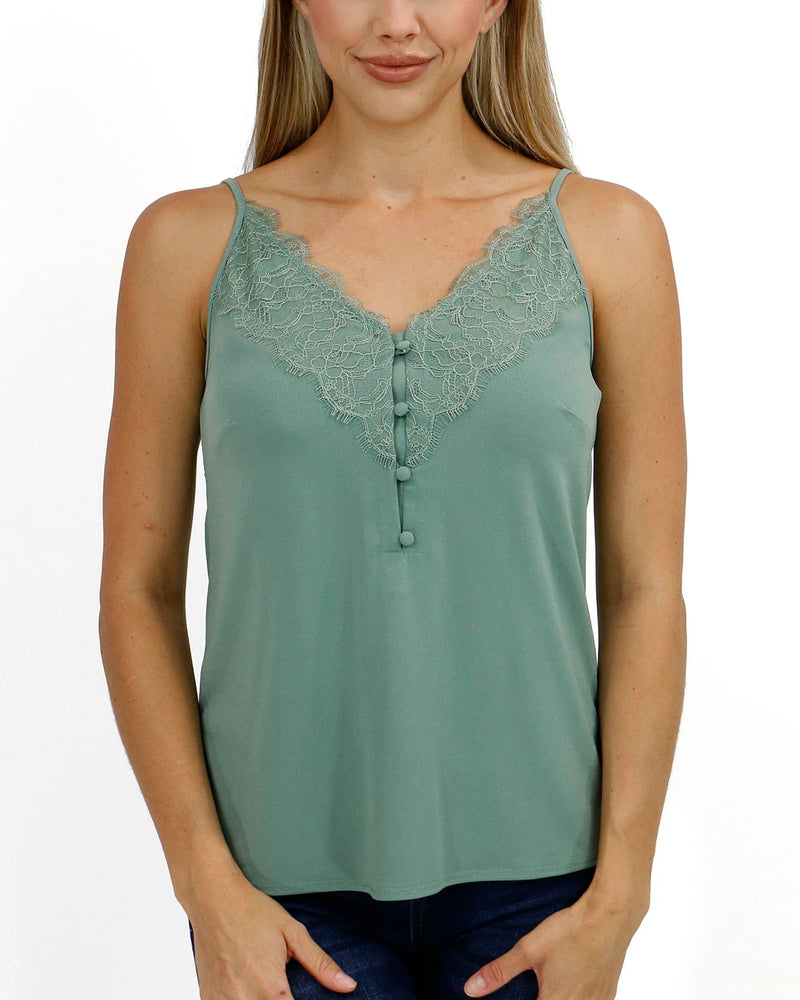 Button Lace Trim Cami - Frosted Grove