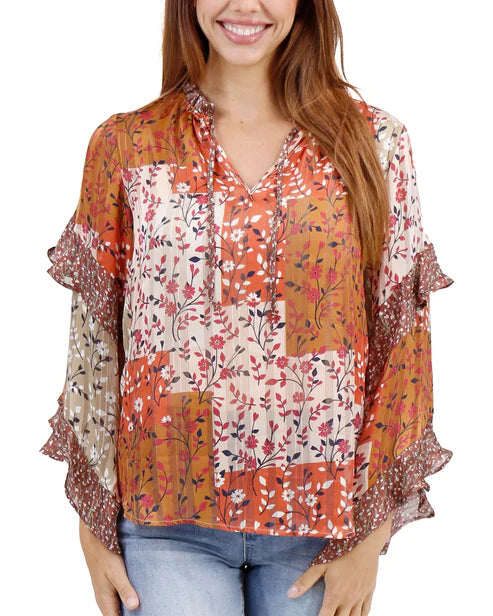 Mixed Print Ruffel Top in Autumn Patchwork