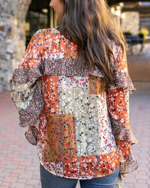 Mixed Print Ruffle Top in Autumn Patchwork
