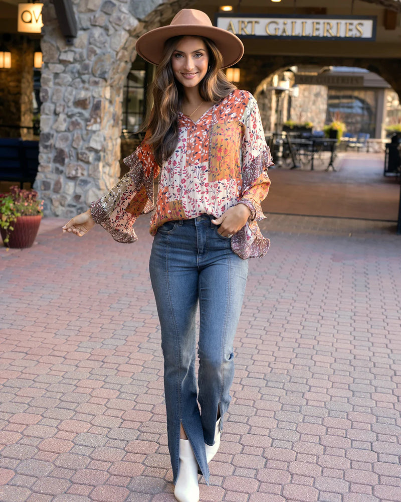 Mixed Print Ruffle Top - Autumn Patchwork