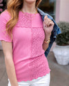 Patched Ribbed Knit Tee - Pink