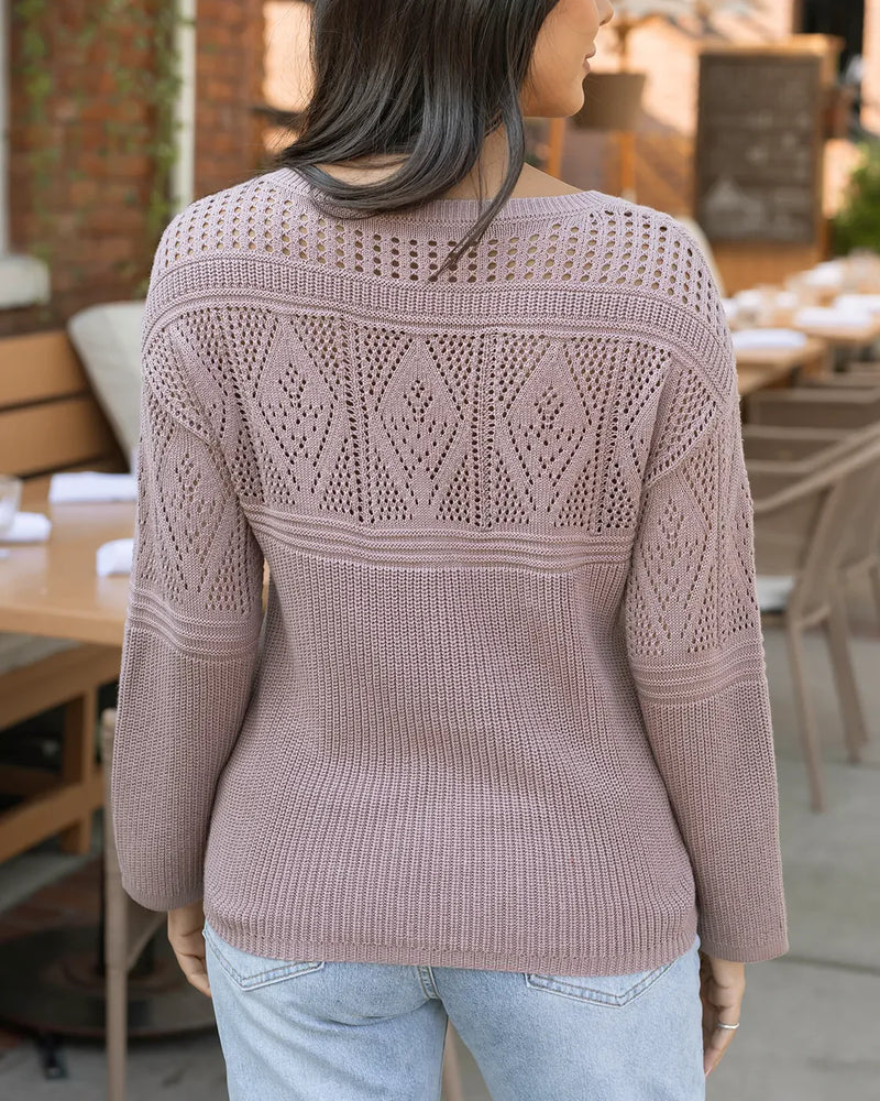 Pointelle V-Neck Sweater - Fawn