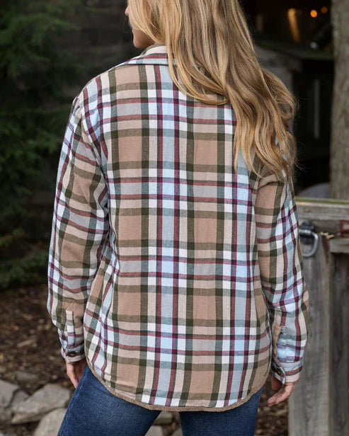 Reversible Corduroy Shacket in Tan/Olive Plaid