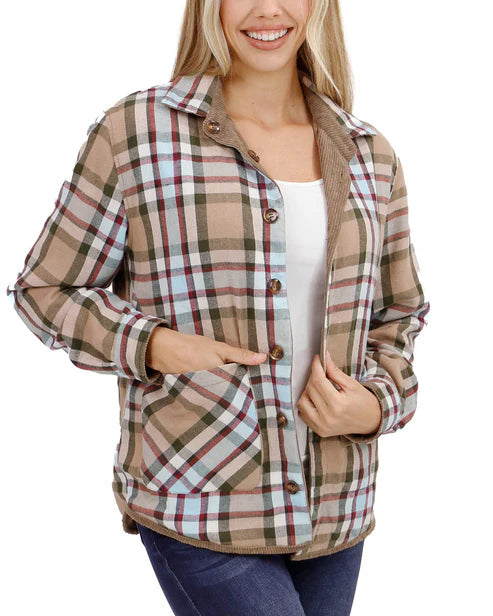 Reversible Corduroy Shacket in Tan/Olive Plaid