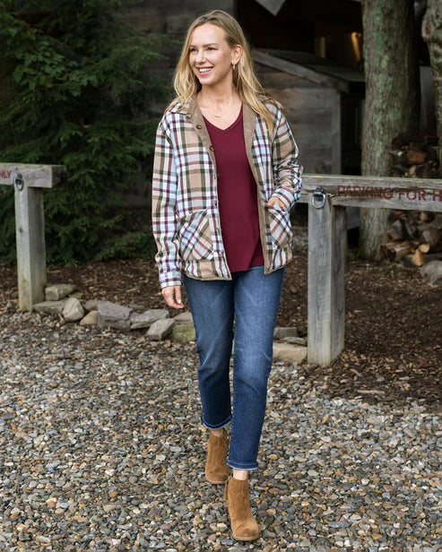 Reversible Corduroy Shacket in Tan/Olive Plaid