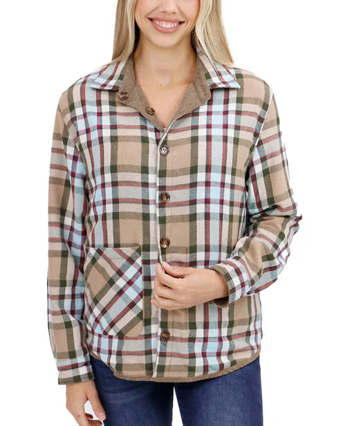 Reversible Corduroy Shacket in Tan/Olive Plaid