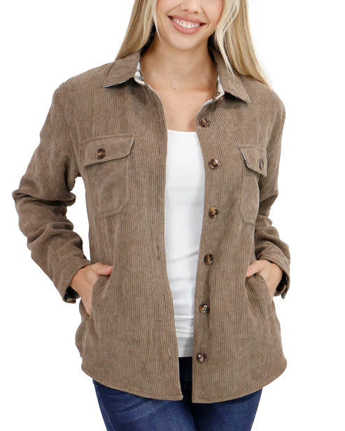 Reversible Corduroy Shacket in Tan/Olive Plaid
