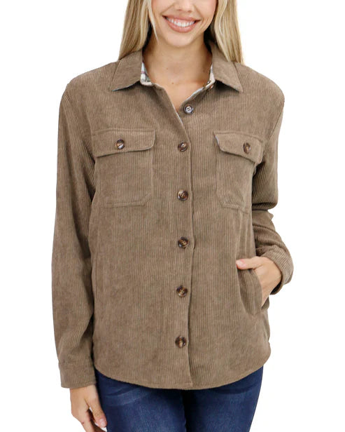 Reversible Corduroy Shacket in Tan/Olive Plaid