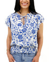 Ruffle Sleeve Smocked Wasit Top in Toile Print