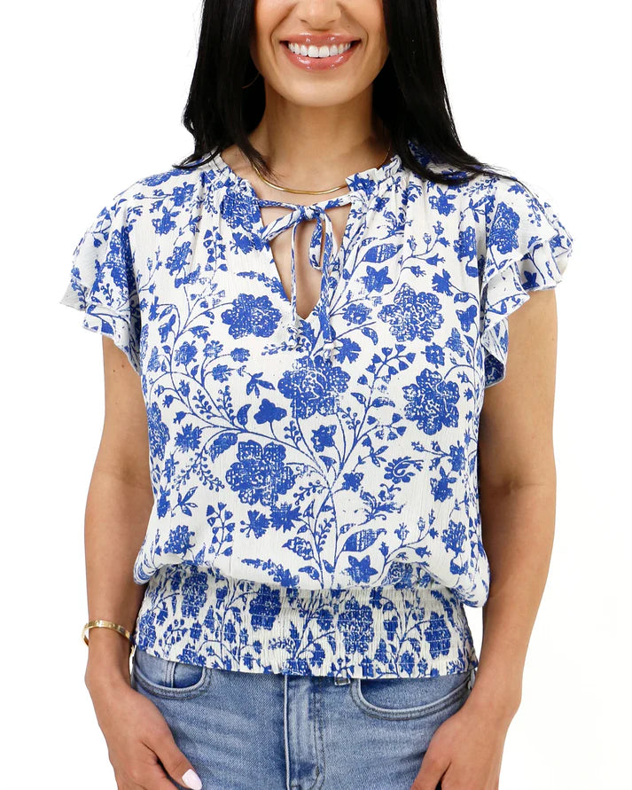 Ruffle Sleeve Smocked Wasit Top in Toile Print