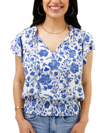 Ruffle Sleeve Smocked Wasit Top in Toile Print