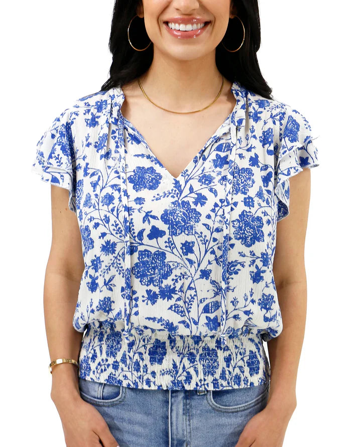 Ruffle Sleeve Smocked Wasit Top in Toile Print