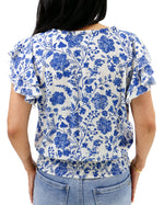 Ruffle Sleeve Smocked Wasit Top in Toile Print